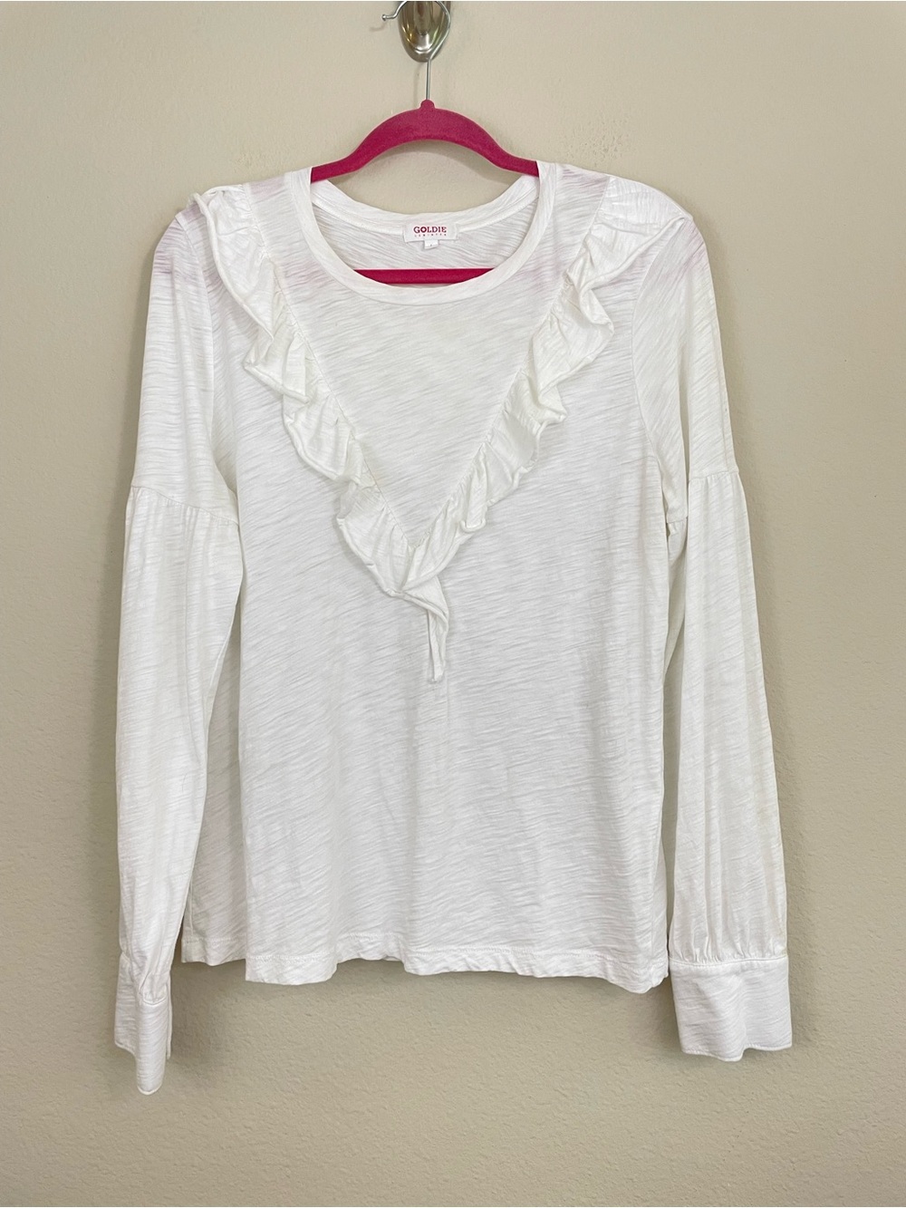 Goldie Lewinter White Ruffle Long Sleeve Pima Cotton Top Size Large Boho-Preppy